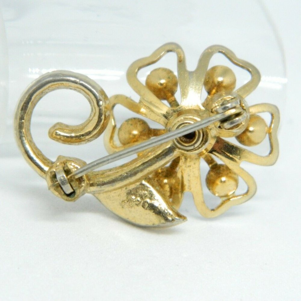 Gold Tone CORO Blue Rhinestone Flower Pin Brooch - Picture 3 of 4